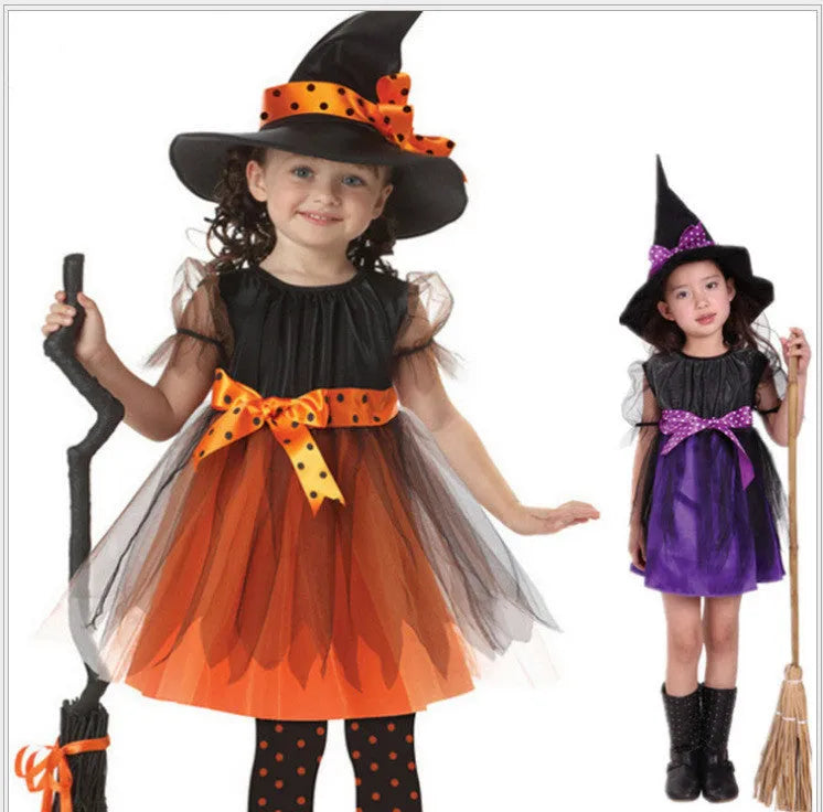 Children's witch costume in 90% linen available in bat, broom, purple or yellow colours with Asian sizing