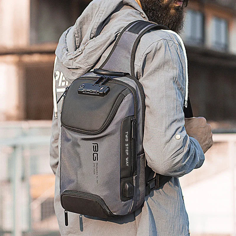 Men's Oxford cloth sling bag in black, 21x12x35cm, with three compartments and iPad pocket