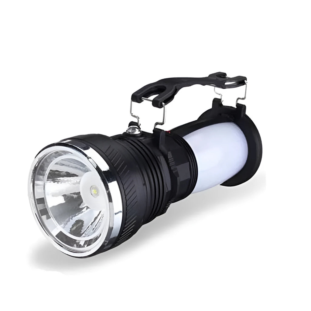 Black solar-powered emergency LED flashlight with USB charging port