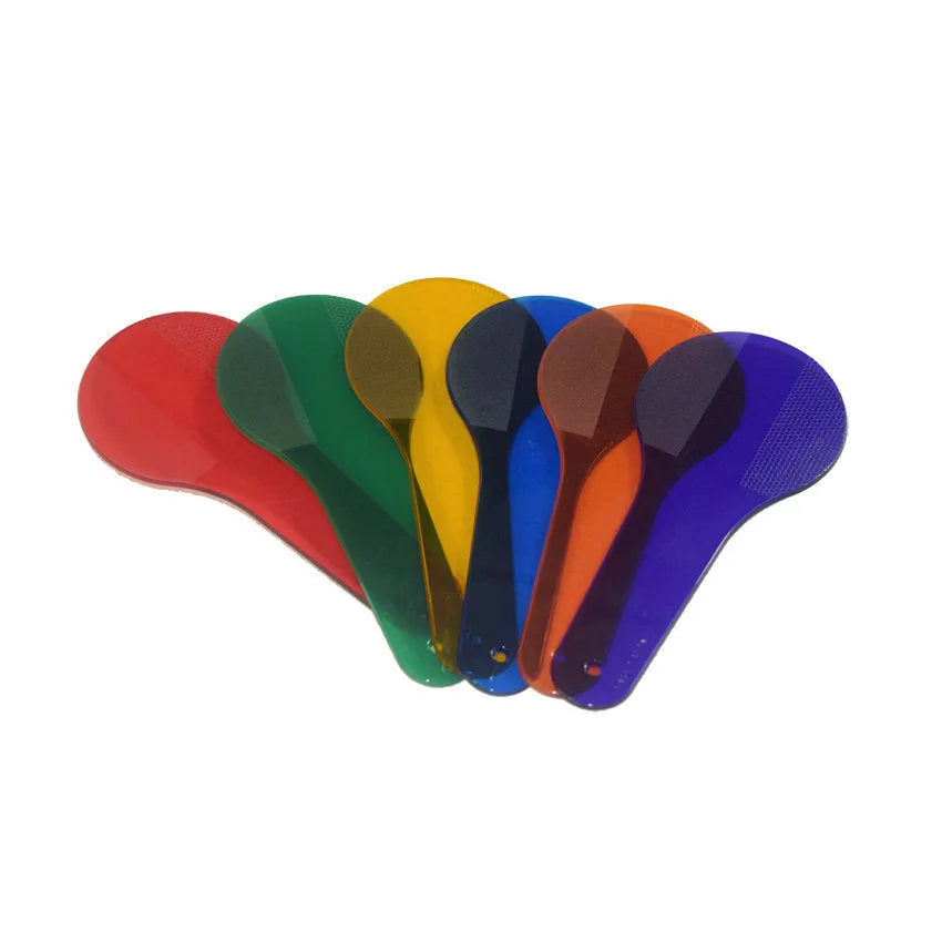 Set of six coloured PVC learning boards for kids: red, yellow, blue, green, orange, purple.