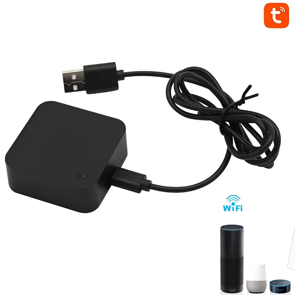 Black universal infrared remote control with voice command compatibility for air conditioning and TV appliances