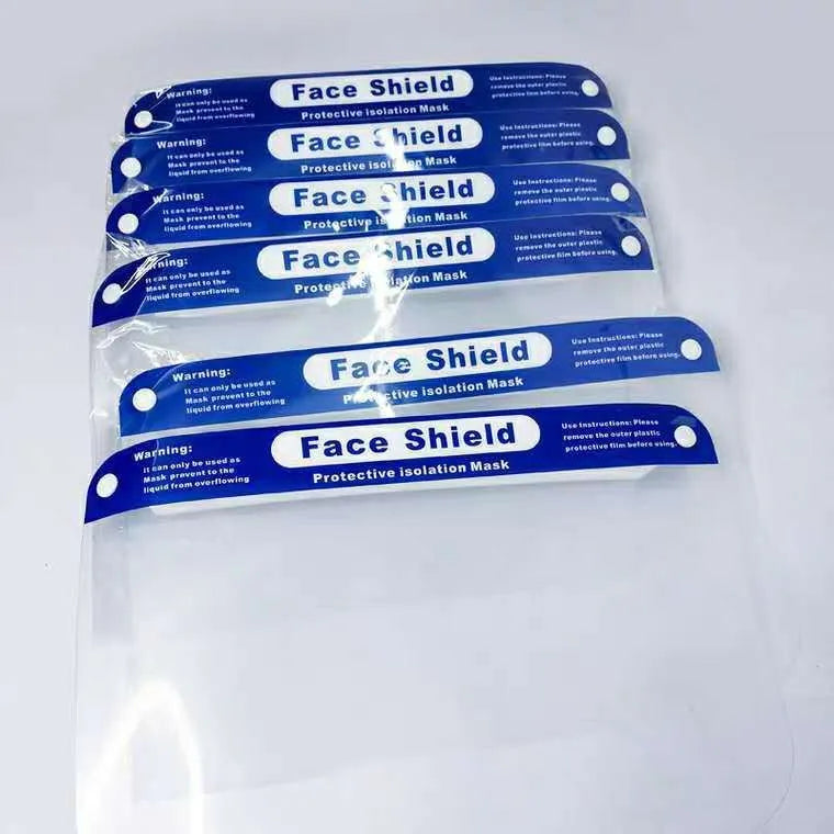 Blue PET anti-splash protective mask, head-on style, for droplet self-protection, available in 5pcs or 100pcs packs.