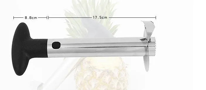 Stainless steel pineapple corer-slicer with black ABS handle, 18cm height, on white background