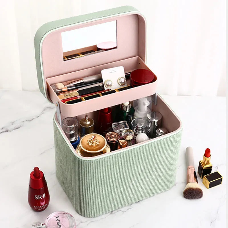 Corduroy cosmetic storage box in a solid colour with large capacity for home organisation