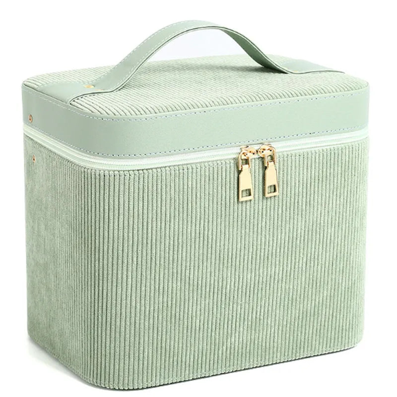 Corduroy cosmetic storage box in a solid colour with large capacity for home organisation