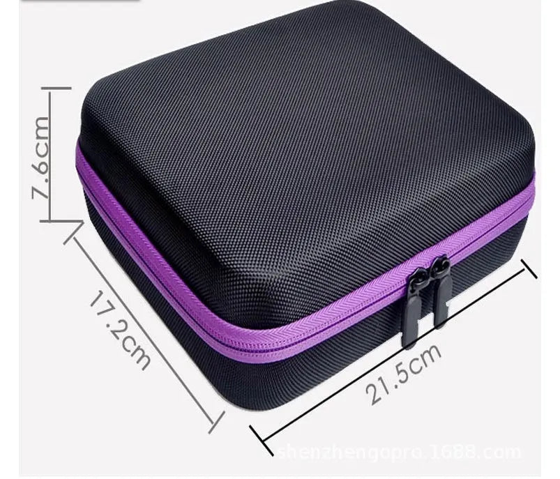 Red EVA essential oil storage bag with 30 compartments and a zipper, mounted on a wall.