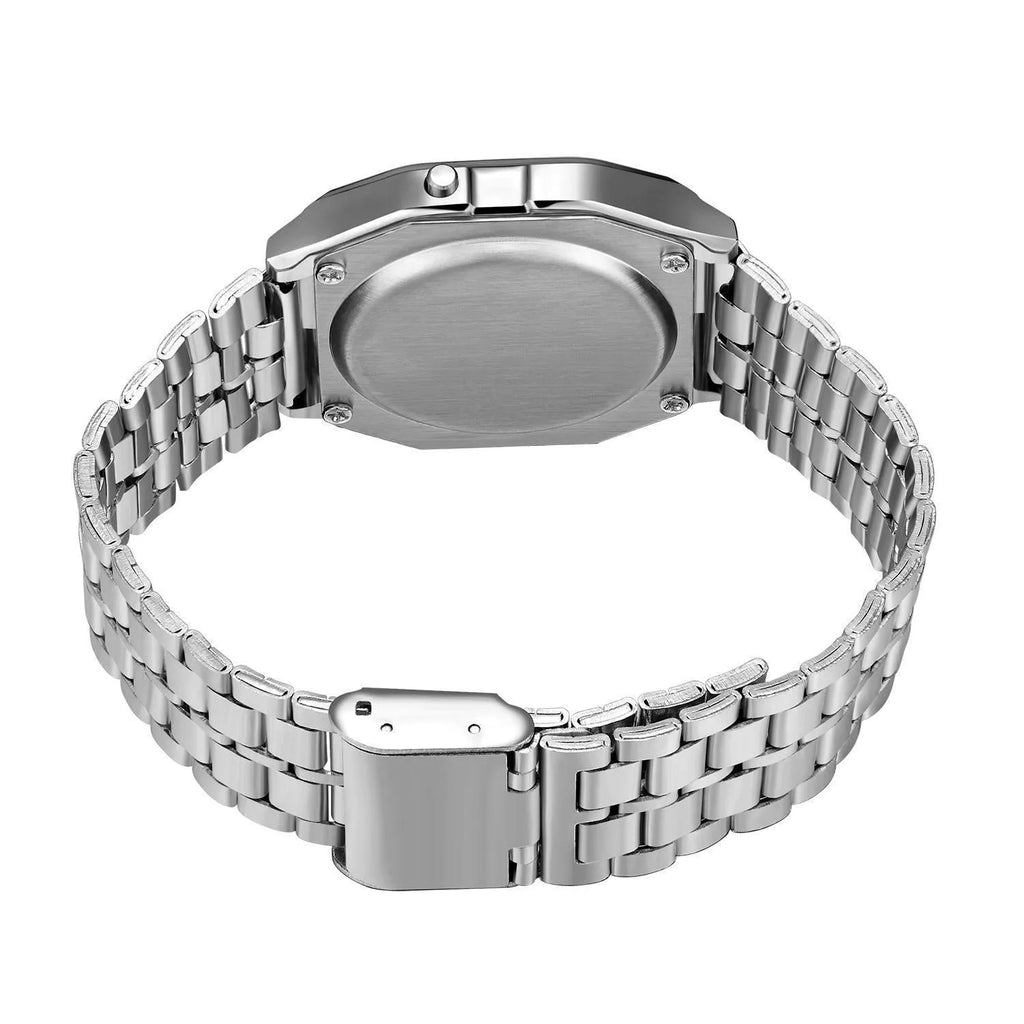 WR F91W electronic watch with stainless steel band and square plastic dial