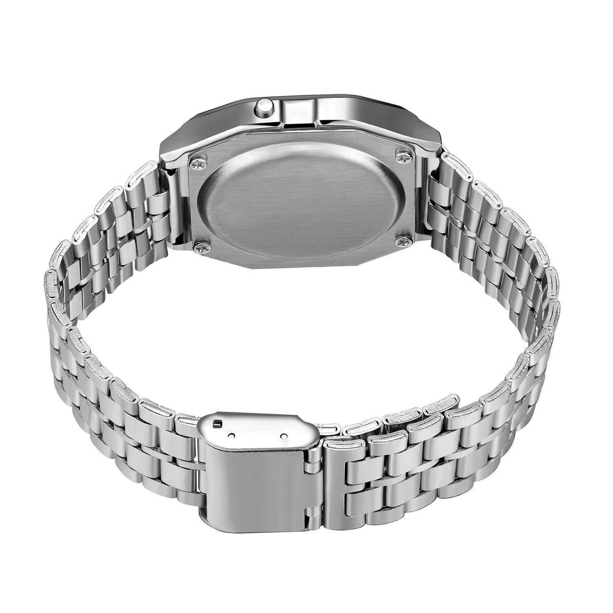 WR F91W electronic watch with stainless steel band and square plastic dial