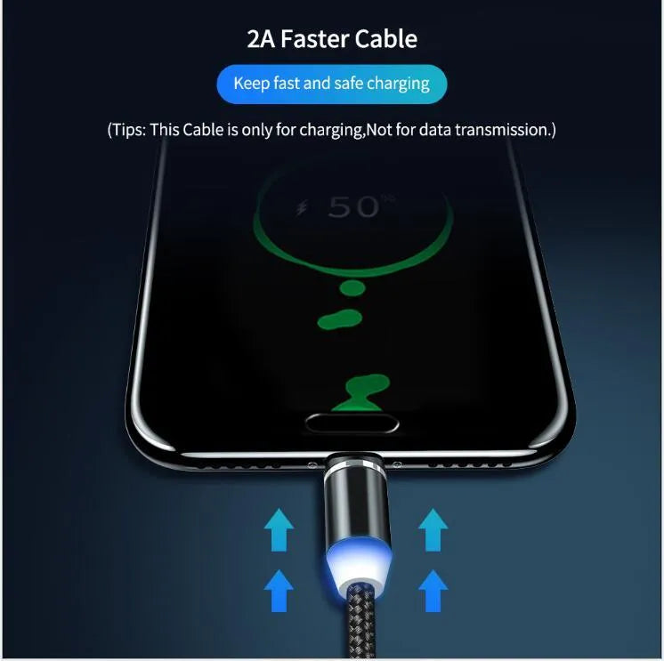 Black cotton braided magnetic charging cable with LED light and three-in-one plug for iPhone and Android phones