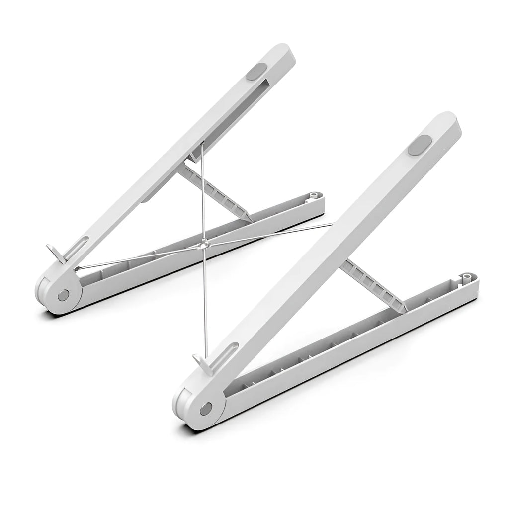 Folding plastic laptop stand in black or white, 275mm x 32mm x 30mm desktop riser for a laptop.