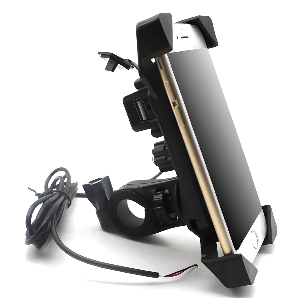Black ABS motorcycle phone holder mounted on handlebar with adjustable clamp and USB charging cable