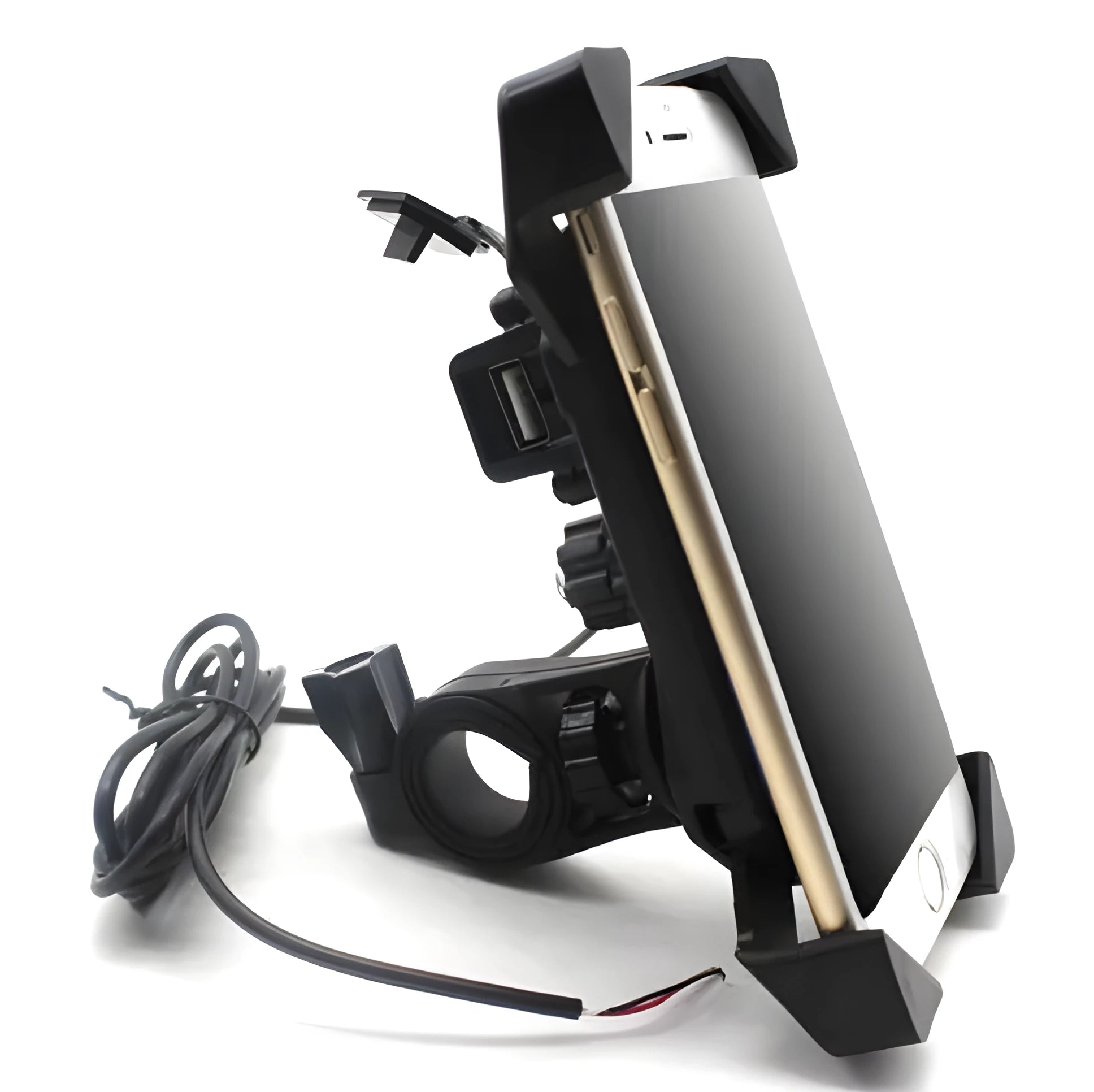 Black ABS motorcycle phone holder mounted on handlebar with adjustable clamp and USB charging cable