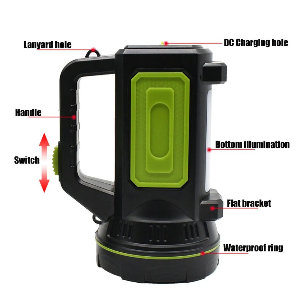 Green rechargeable LED flashlight with USB charging port and waterproof ABS plastic construction