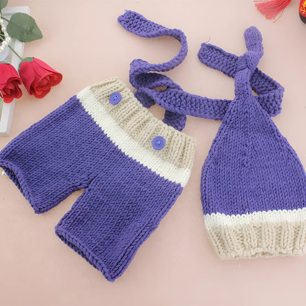 Infant navy handmade knitted wool cotton blend photo outfit set with hat and pants for baby photography