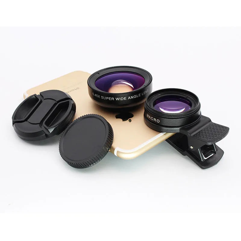 Black 0.45x wide-angle and 12.5x macro phone lens kit with universal clip on a smartphone