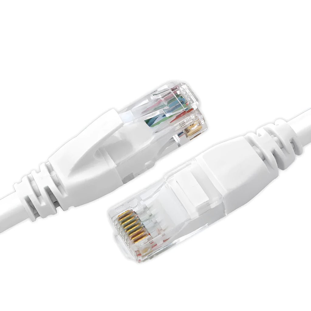 White Cat6 network cable with RJ-45 connectors, CCA conductor, shown in a range of lengths from 1M to 50M.