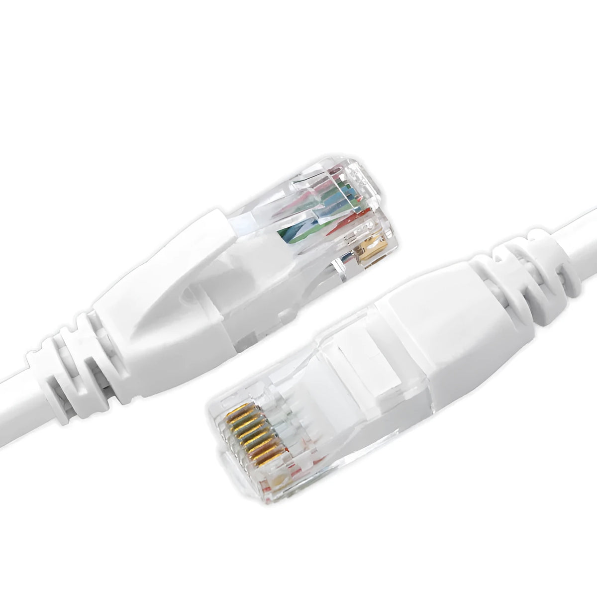 White Cat6 network cable with RJ-45 connectors, CCA conductor, shown in a range of lengths from 1M to 50M.