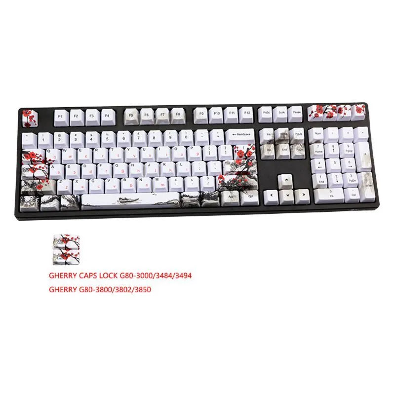 PBT keycap set with Wangjiang plum blossom design showing five-sided sublimation printing on OEM height keycaps