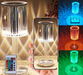Modern crystal table lamp with touch dimming base and transparent K9 crystal bead lampshade on a nightstand.