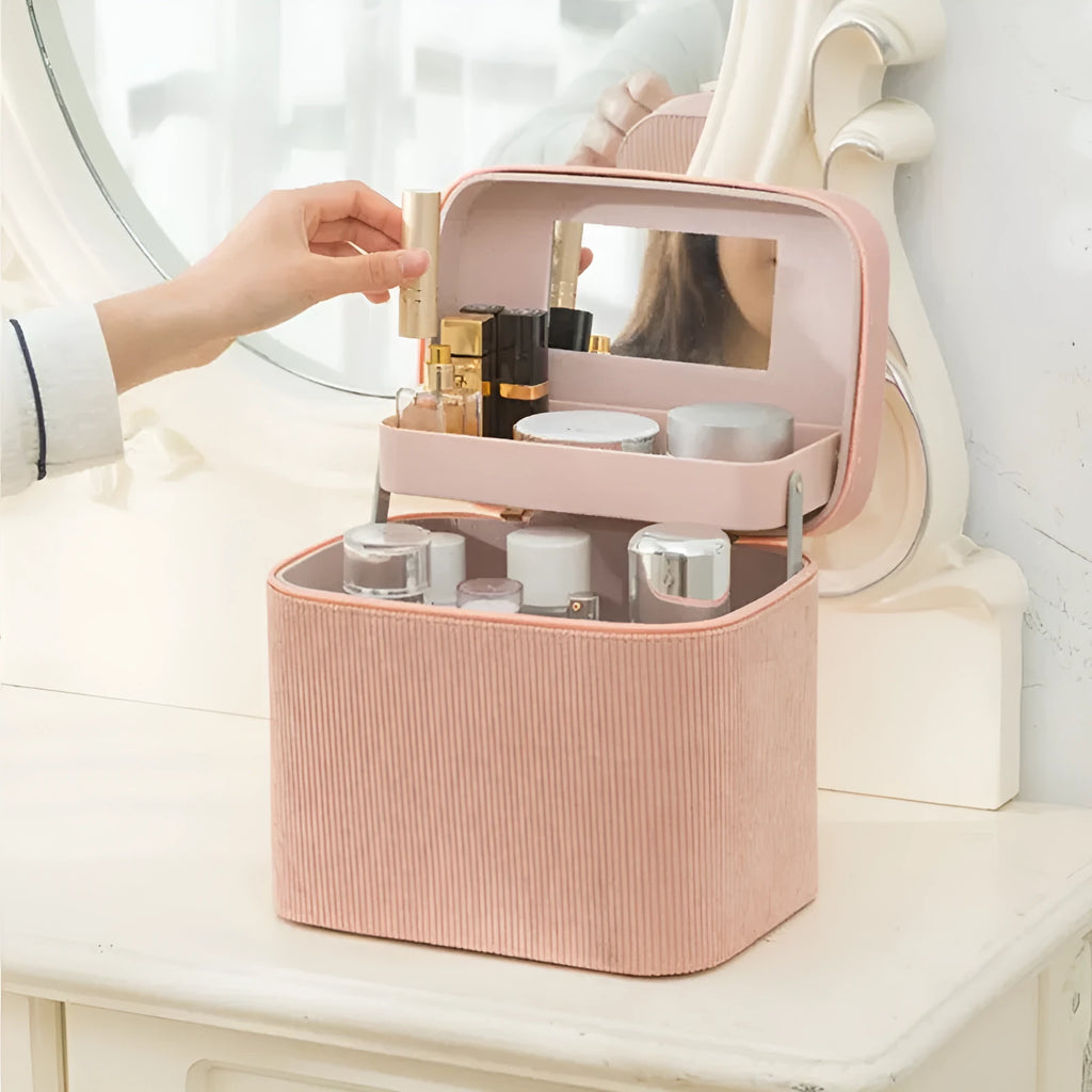 Corduroy cosmetic storage box in a solid colour with large capacity for home organisation