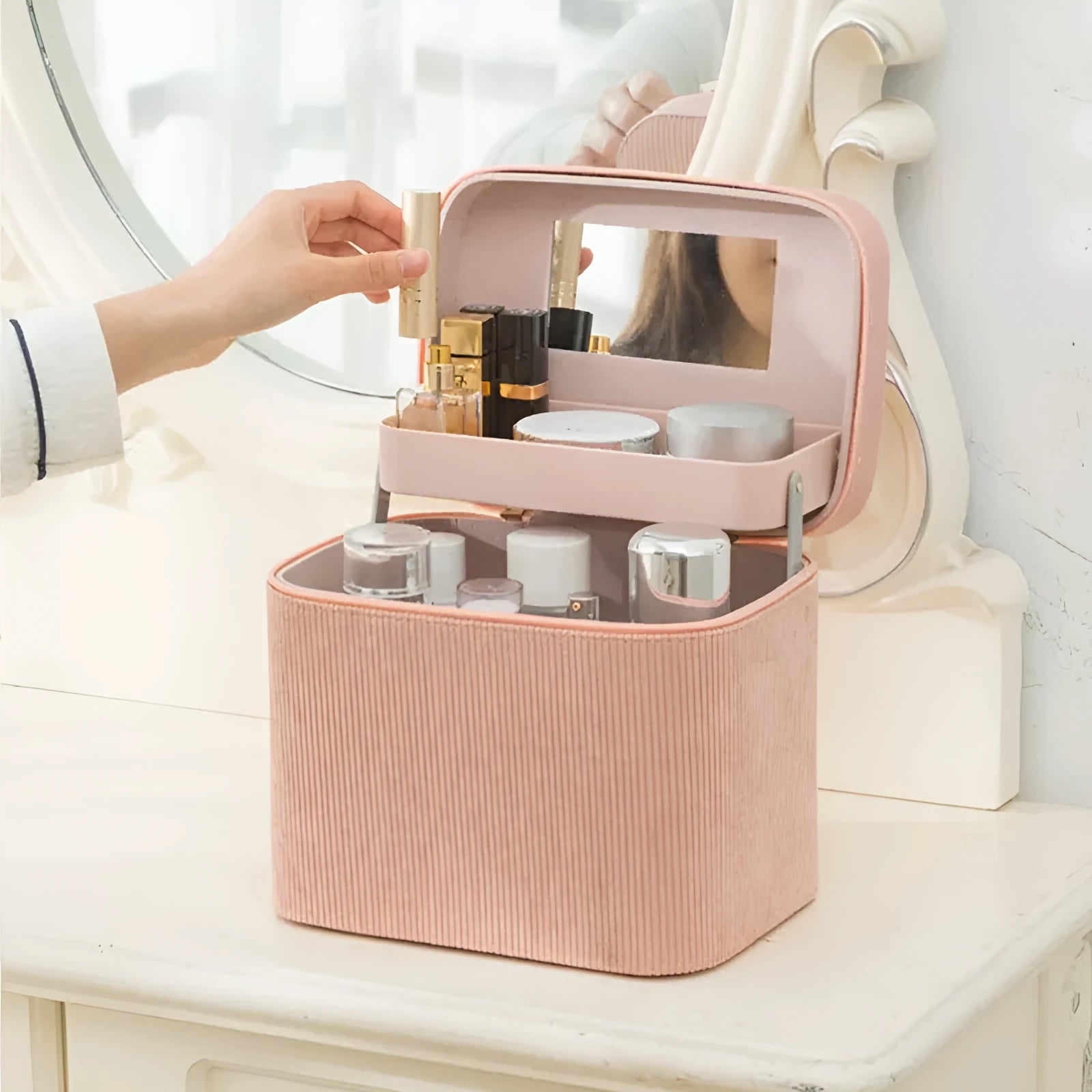 Corduroy cosmetic storage box in a solid colour with large capacity for home organisation