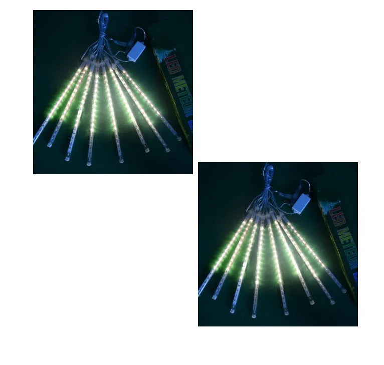 Waterproof LED meteor shower rain lights with multicolour effects in outdoor garden setting