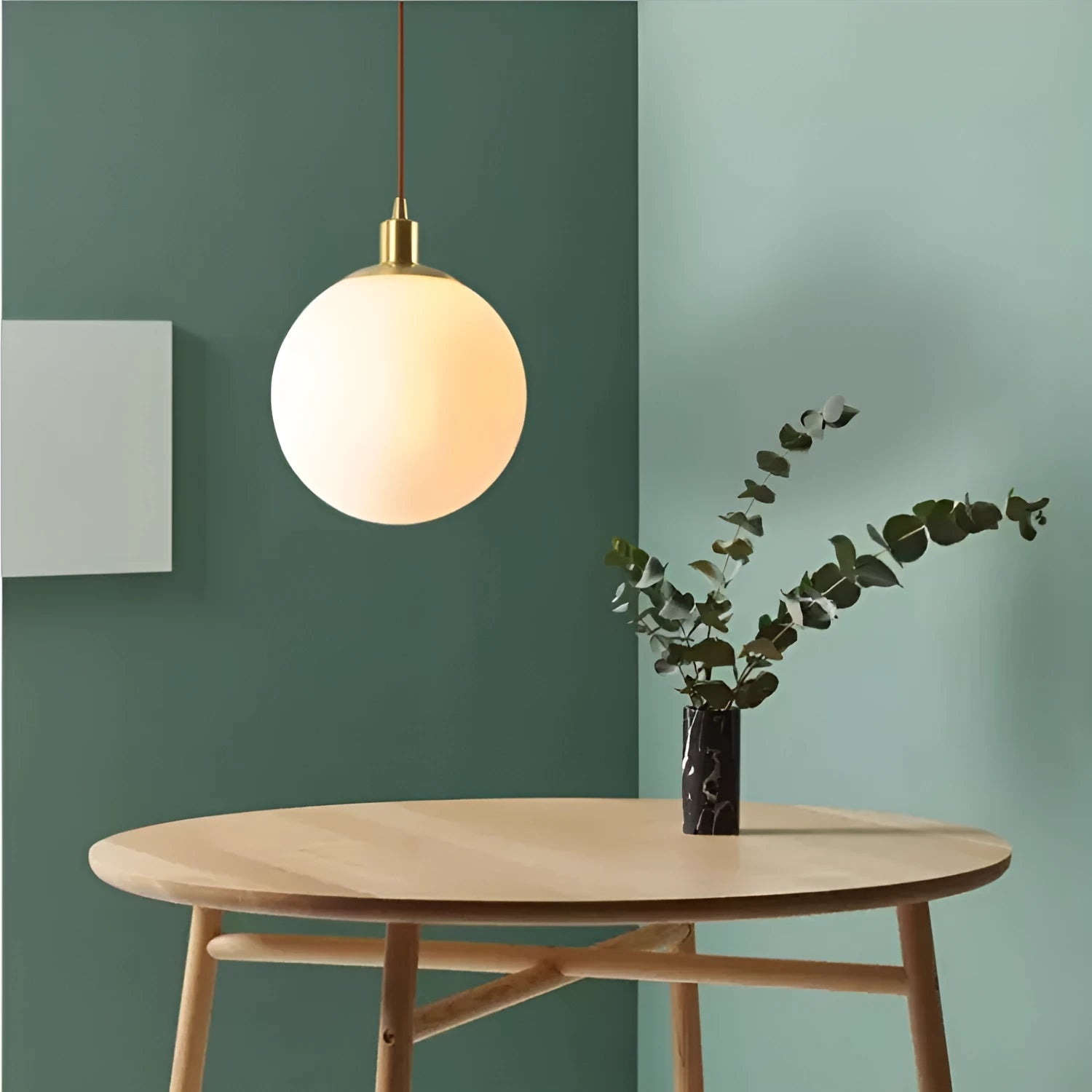Milk white Nordic round glass chandelier for bedroom bedside, 15-30cm diameter, copper frame