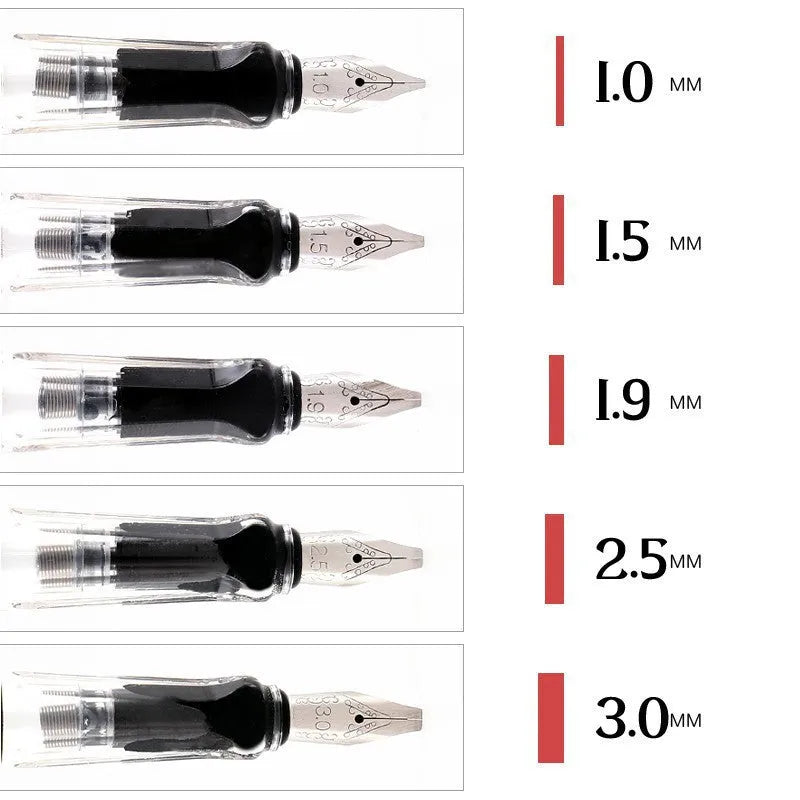Art Word Parallel Pen with ceramic shell and iridium nib, shown with six tip sizes from 0.7mm to 2.9mm