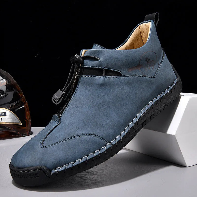 Men's casual leather shoes with round toe and mid heel in black, blue, green, khaki colour options