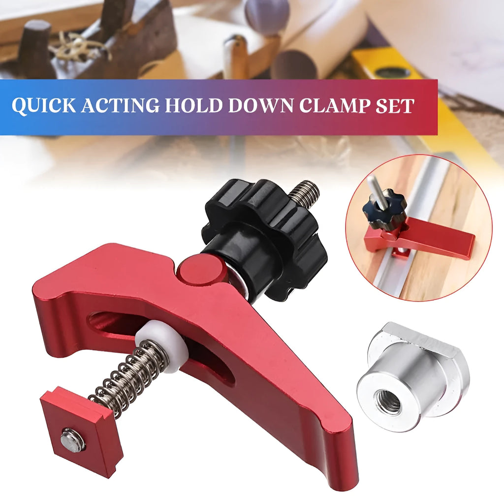 Red-handled aluminium alloy woodworking table block slide holder with a flat mouth shape.