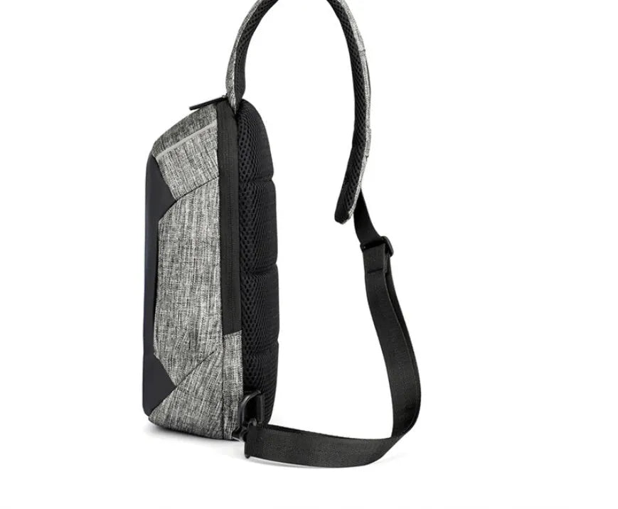 Dark blue Oxford cloth waterproof chest bag with zipper and outer pocket, shown with a phone inside.