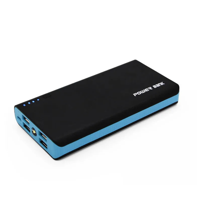 Red 20000mAh portable power bank showing size relative to a hand, with USB port visible.