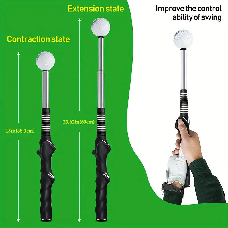 A telescopic golf swing simulator made of stainless steel, shown in black, blue, and red colour options.
