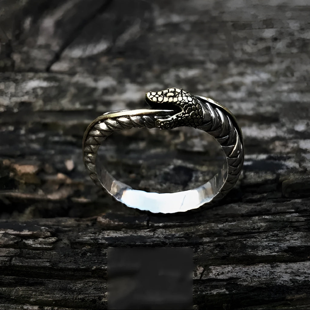 Thai silver handmade Ouroboros adjustable unisex couple ring with geometric snake design