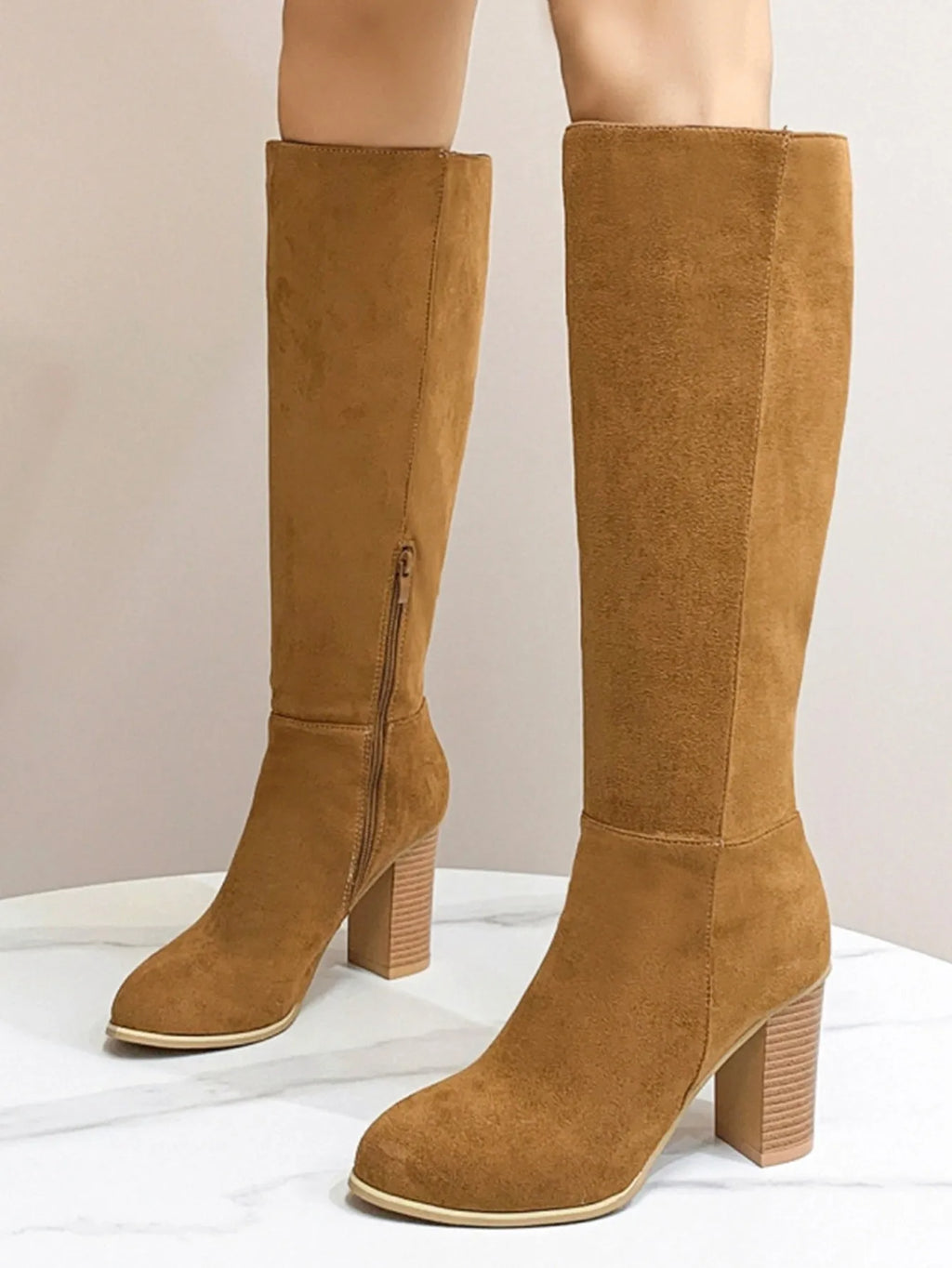 Women's black square toe high heel fashion boot with a casual style artificial PU upper.