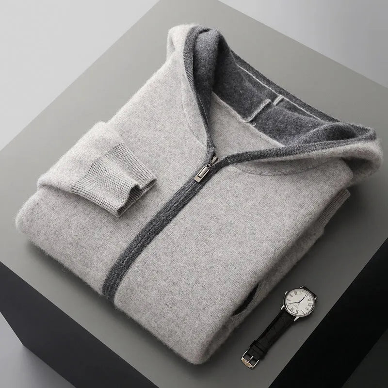 Casual zip-up hooded cashmere cardigan sweater in loose fit, available in white for youth