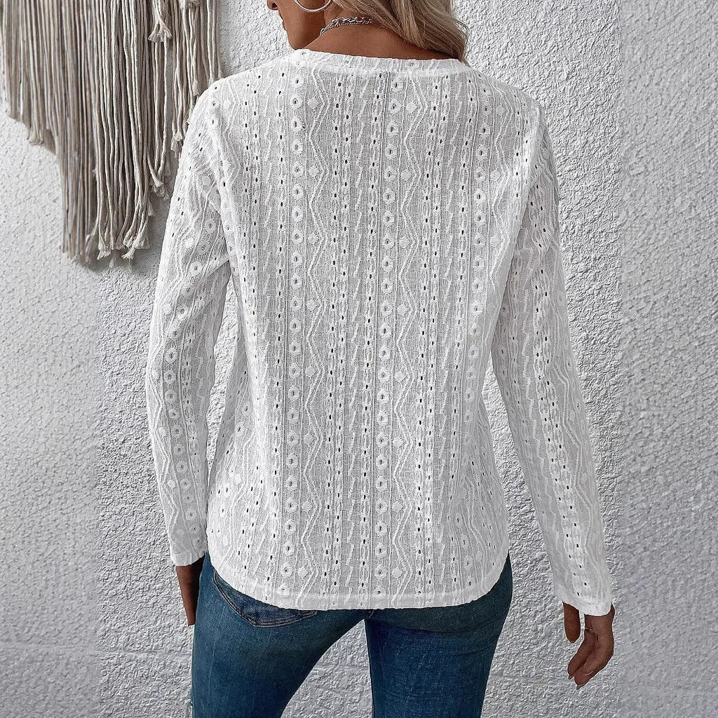 White loose fit hollow t-shirt top with long sleeves and round neck design for women