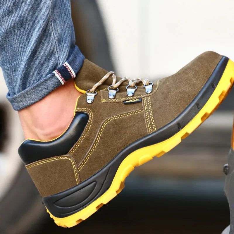 Bronze coloured steel toe safety shoes with cow suede upper and patterned anti-skid sole