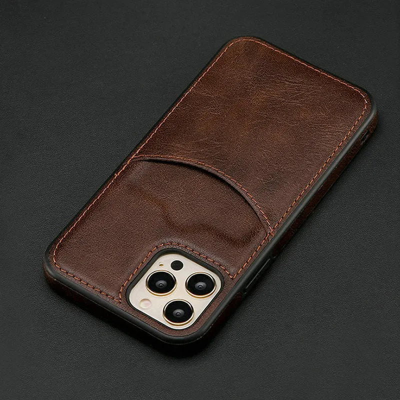 Dark blue PU leather protective case for an iPhone, showing the back and sides.