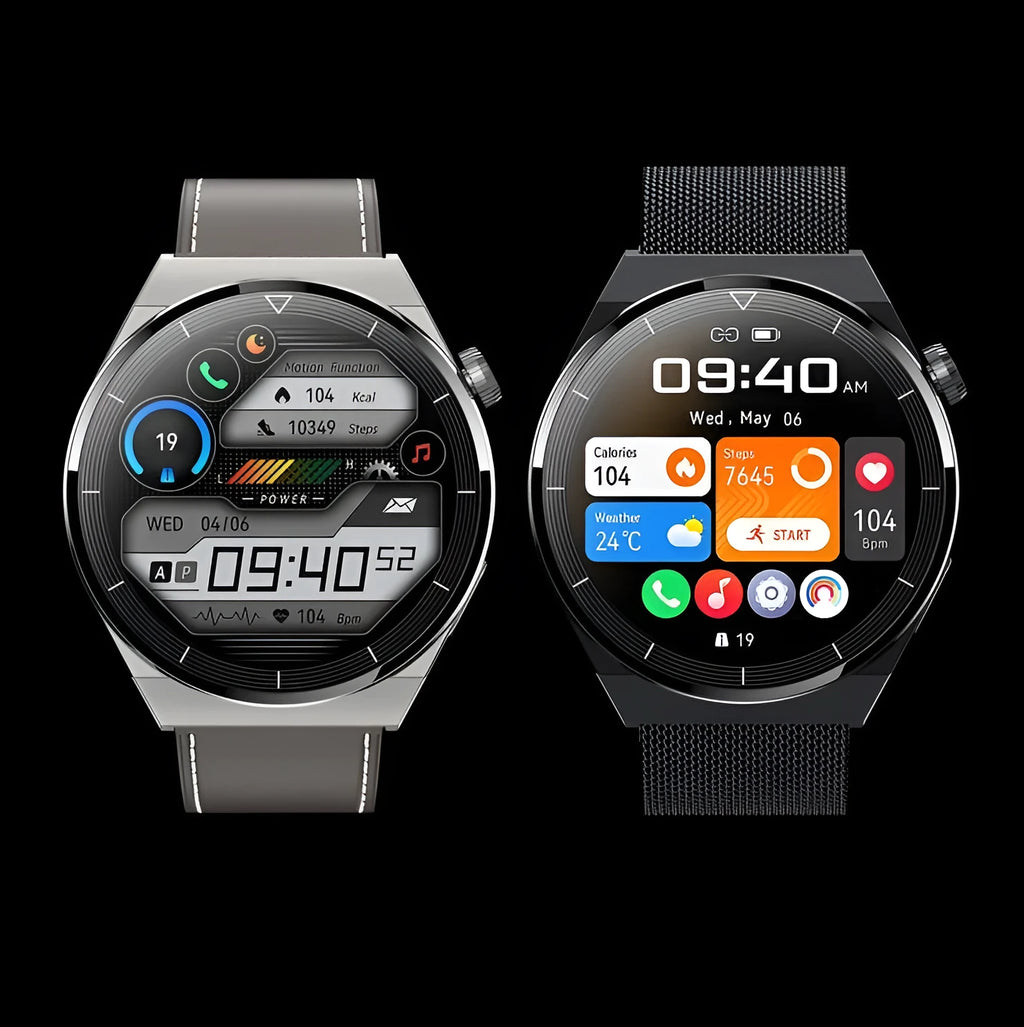 Round smart watch with black silicone band showing Bluetooth call and NFC access control display
