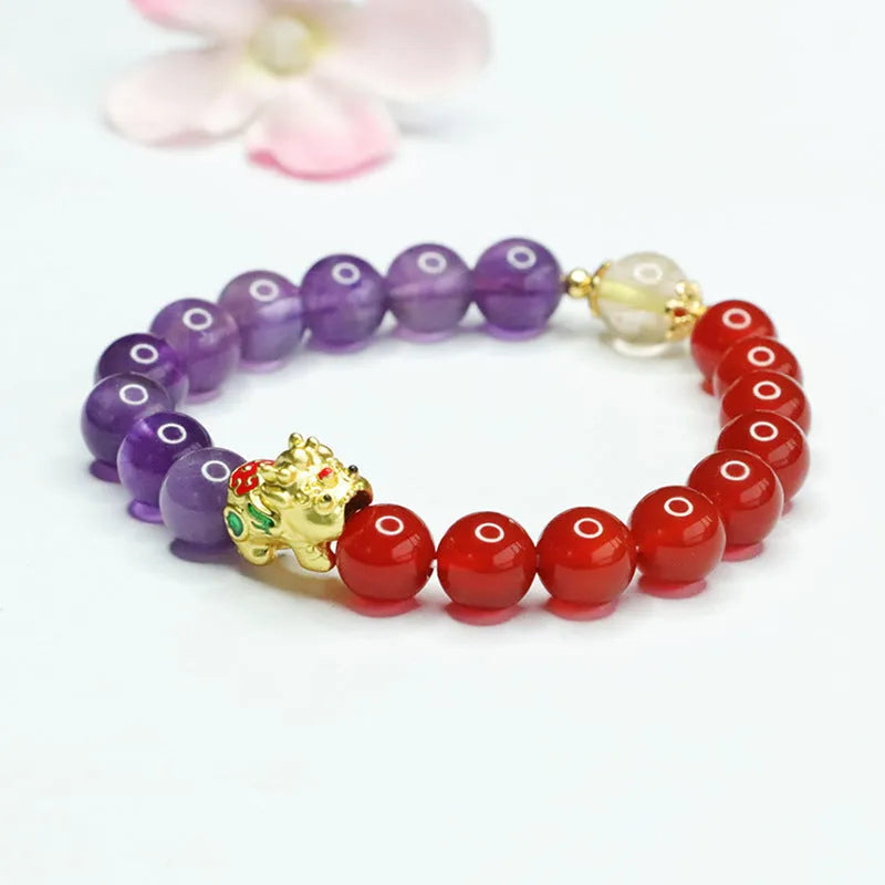 Amethyst and red agate Chinese style beaded bracelet with 8mm stones.