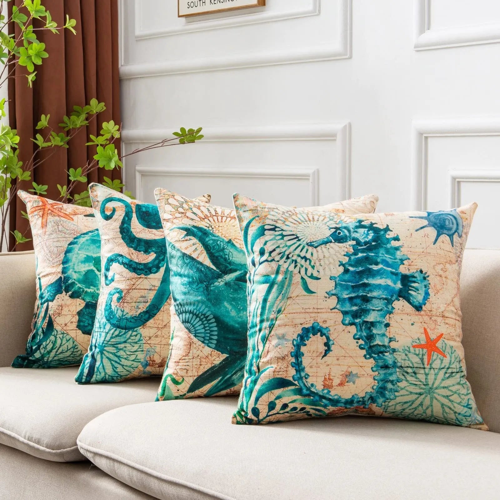 Sea turtle printed linen cushion cover 45x45cm with invisible zipper for sofa or chair