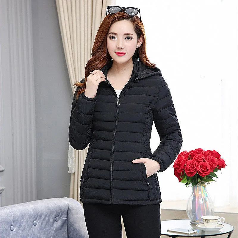 Women's short padded down jacket large size slim fit nylon solid colour Korean style commuting warmth