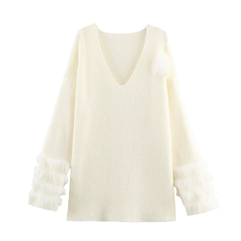 Casual V-neck cuff furry knitted dress for women in white – straight cut long sleeve style
