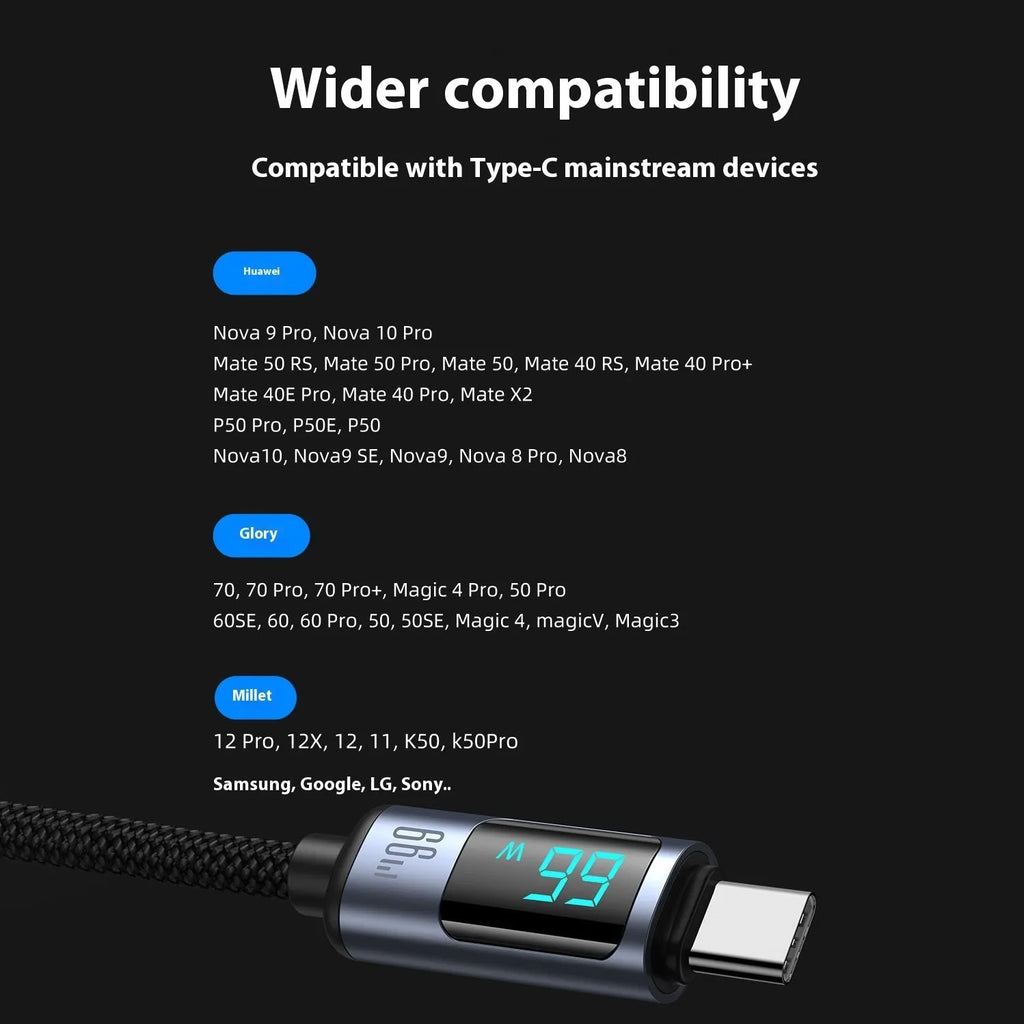Black PD20 66W fast charge data cable with braided nylon exterior and digital display showing charging status