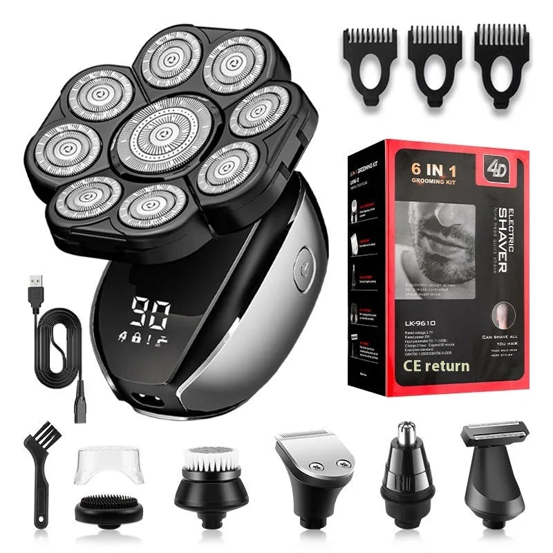 Black 6-in-1 multifunctional rechargeable hair clipper and shaver kit with attachments on a white background