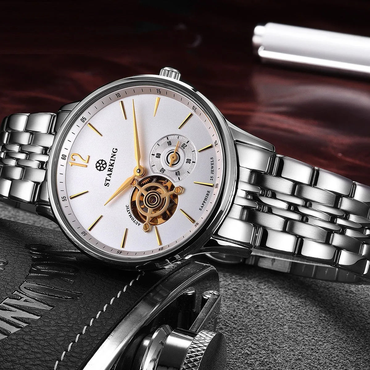 Men's automatic waterproof business watch with brown leather strap and stainless steel case