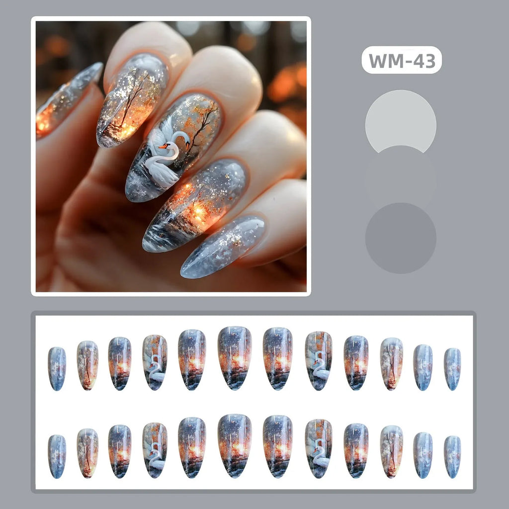 WM-43 Swan Lake Dance medium almond false nails with starry sky pattern, glue type plastic wearable armour set