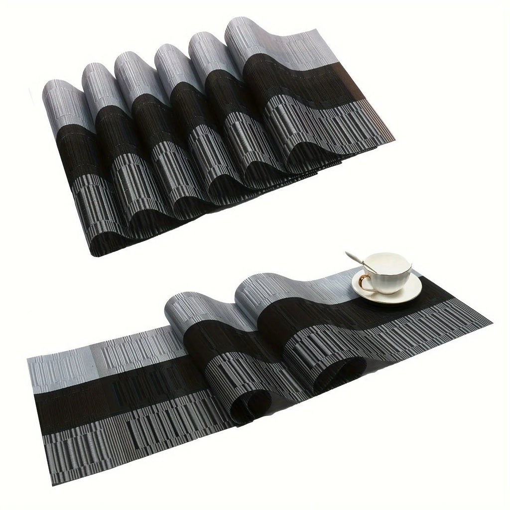 PVC non-slip kitchen placemat in gradient bamboo black colour, shown in 30x180cm size on a counter.