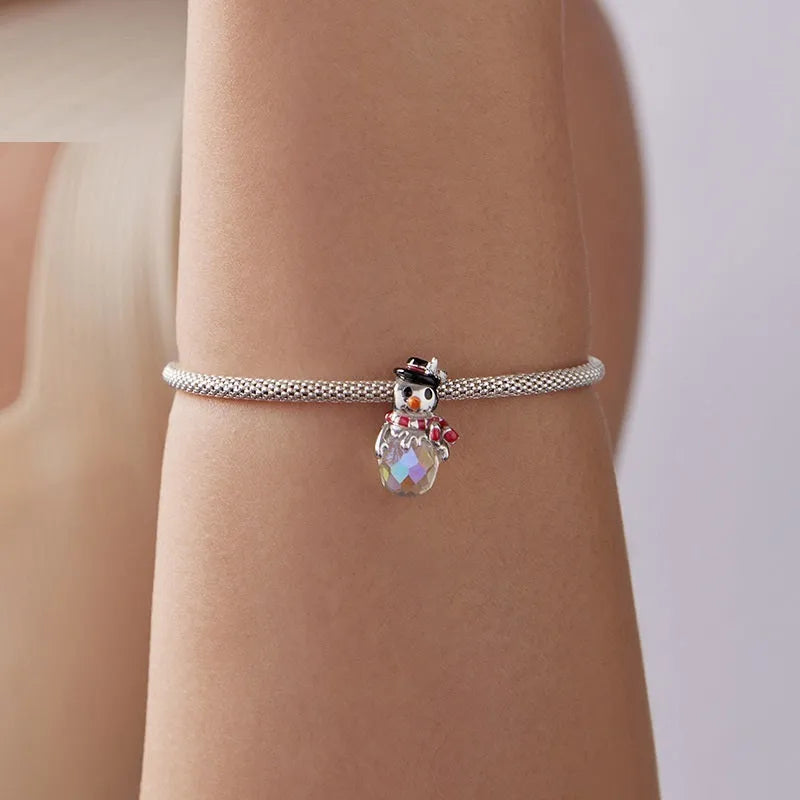 Christmas snowman S925 sterling silver bead with snowflake design on white background